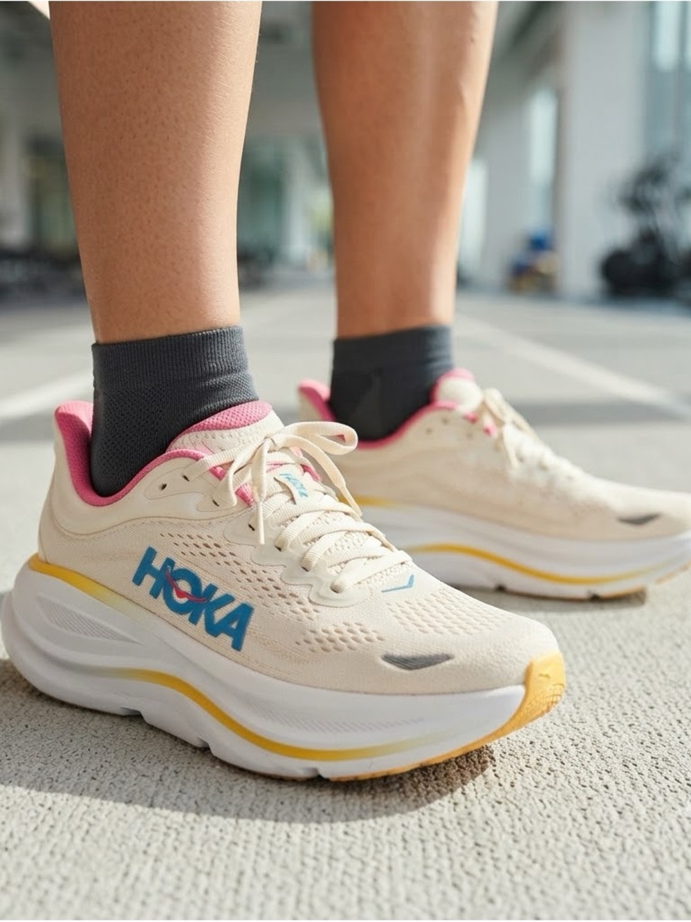 Hoka Women's Bondi 9 Running Shoes — Cream with Pink, Yellow & Teal Accents - Picture 14 of 16